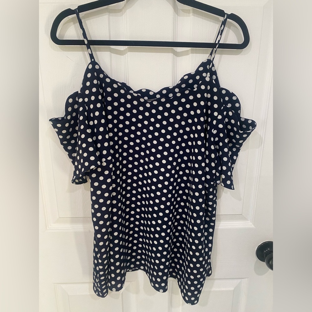 Chic Navy Polka Dot Off-Shoulder Blouse